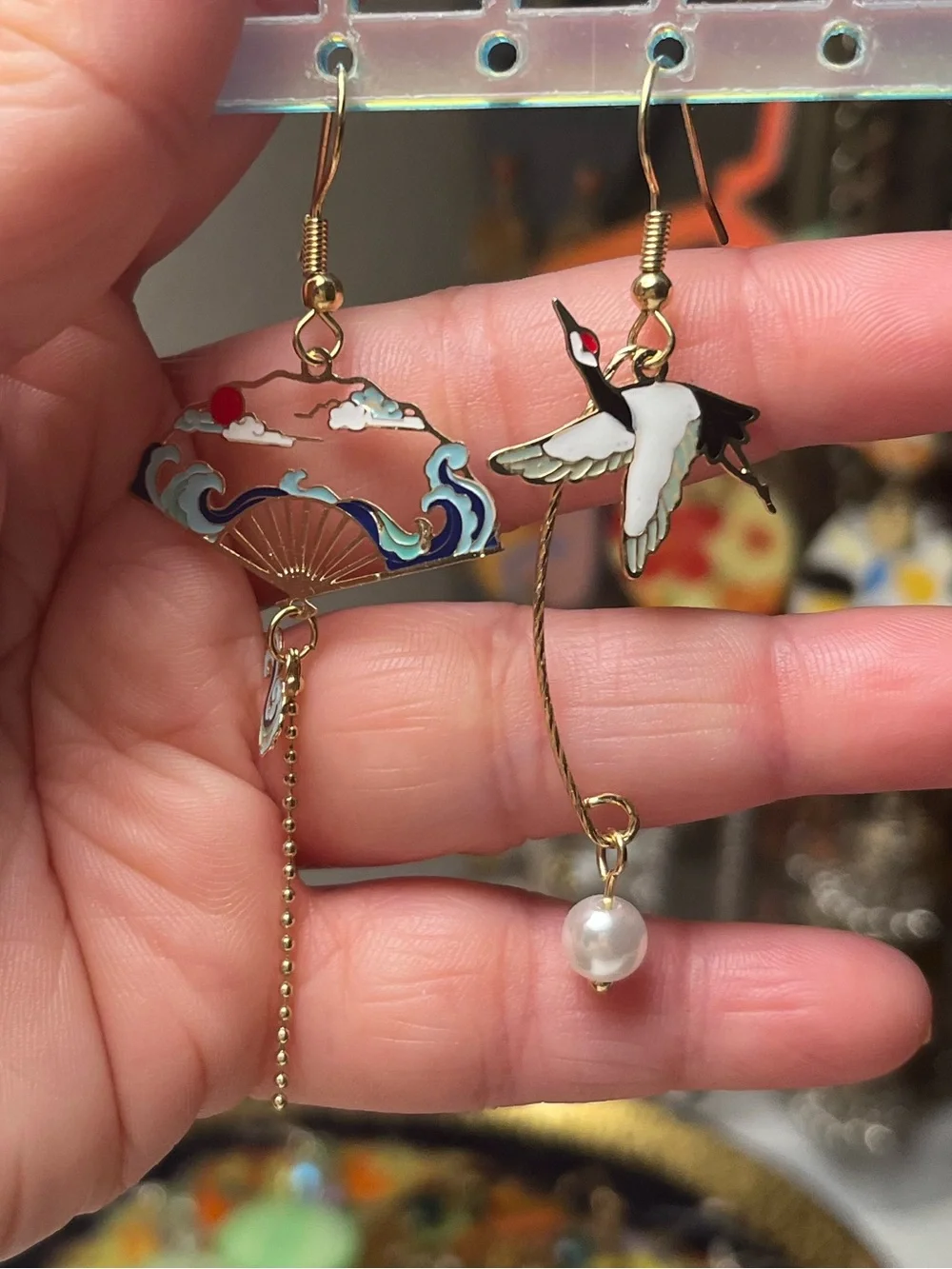 Japanese Crane & Fan Enamel Delicate Drop Earrings